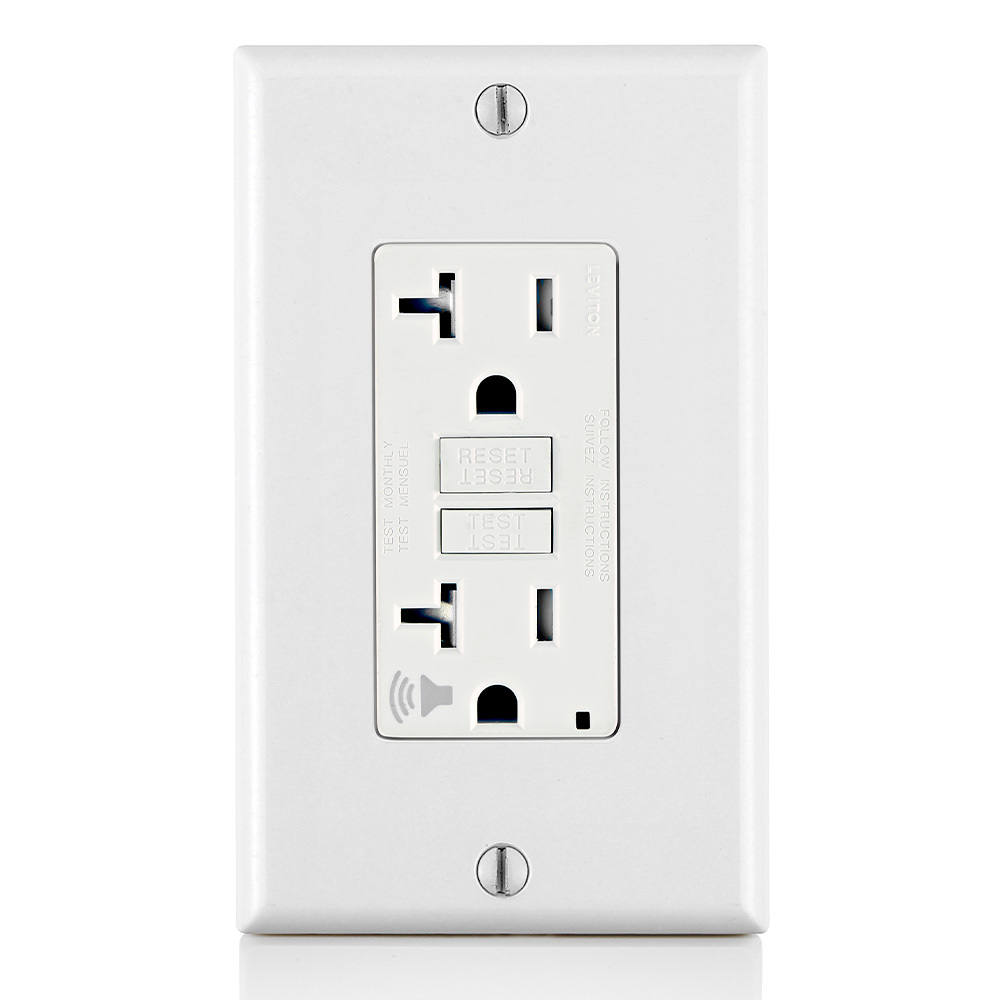 GFTA2-W Feed Through Self-Test Tamper Resistant GFCI Receptacle With Audible Trip Alert, LED Indicator, White Test, Reset Button, 125 V AC, 20 A, 2 Poles, 3 Wires, White