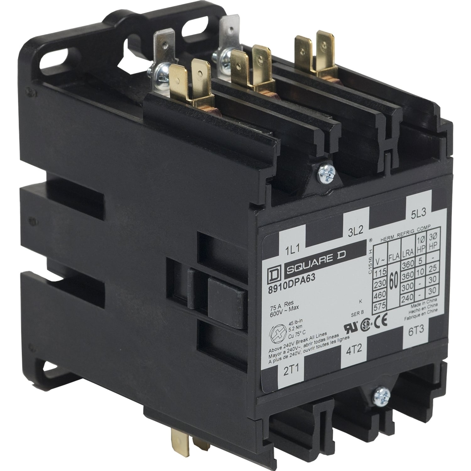 8910DPA63V07 Type DPA Definite Purpose Contactor, 550 V AC at 50 Hz to 600 V AC at 60 Hz V Coil, 60 A, 3NO Contact, 3 Poles