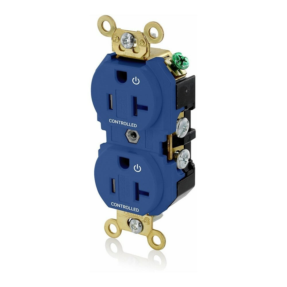 5362-2PB Extra Heavy Duty Self Grounding Tamper Resistant Straight Blade Duplex Receptacle With 2 Plug Controlled Markings, 125 V AC, 20 A, 2 Poles, 3 Wires, Blue