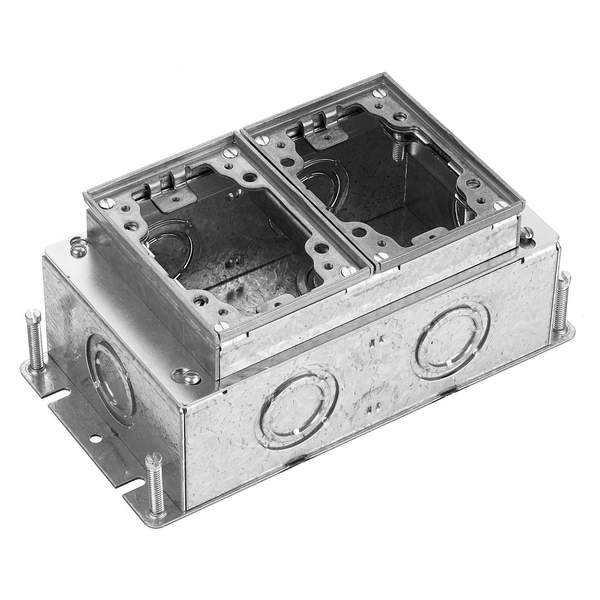 BA2432 B24 Deep Fully Adjustable Standard Sized Floor Box, Stamped Steel, 52.8 cu-in/Gang Capacity, 2 Gangs, (7) Knockouts, 4.81 in L x 9.25 in W x 3.72 in H
