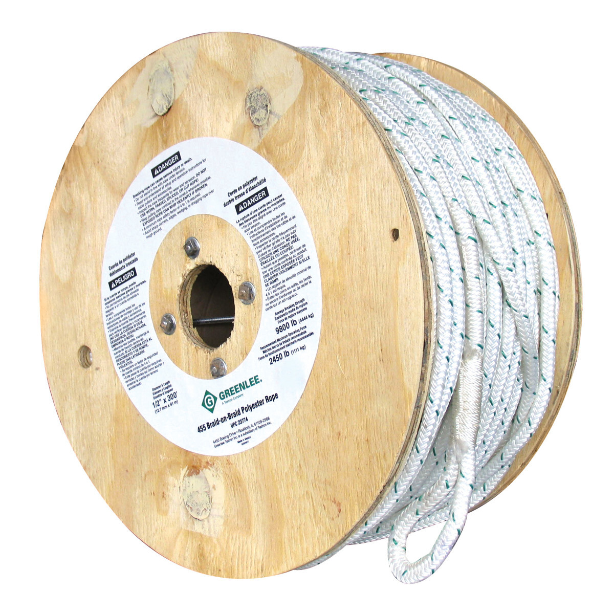 455 Composite Double Braided Rope, 1/2 in Dia x 300 ft L, Green/White, Polypropylene, 2200 lb Load