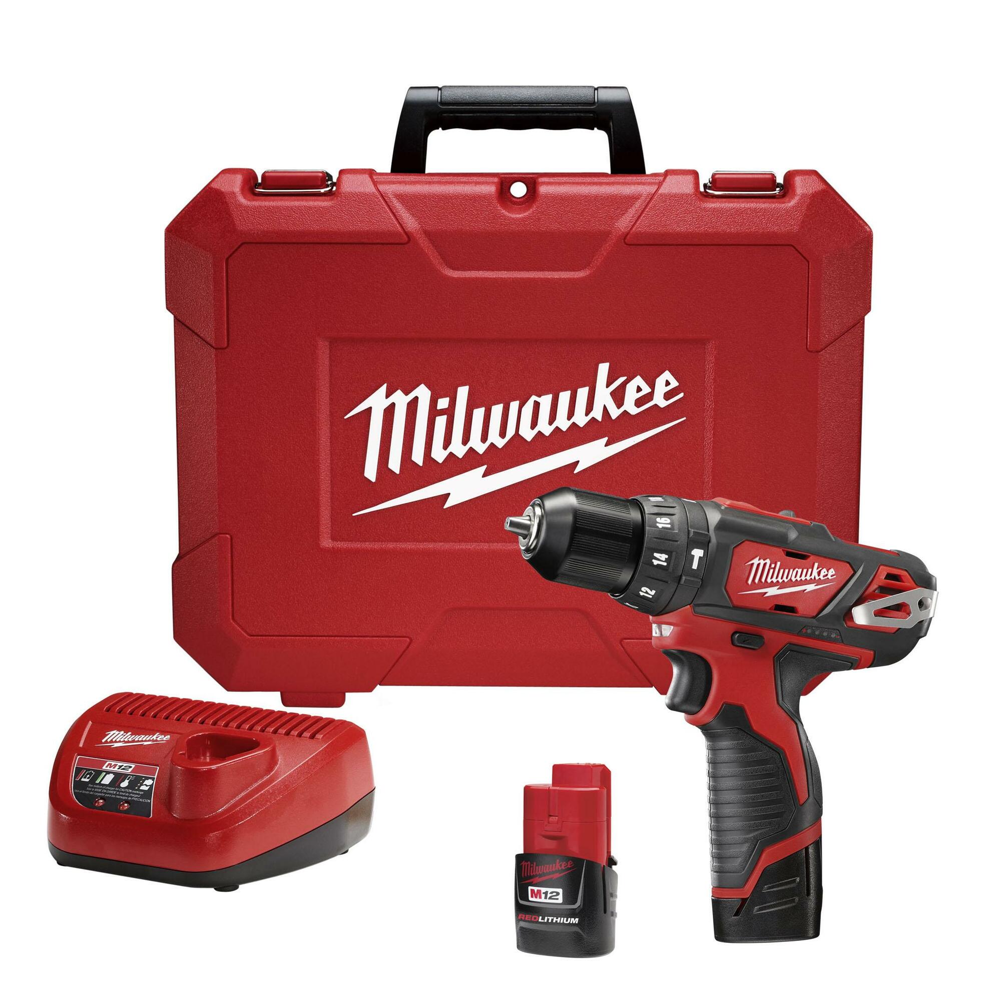 2408-22 M12 Cordless Hammer Drill/Driver Kit, 3/8 in Keyless Chuck, 12 V DC, 400/1500 rpm No-Load, Li-Ion Battery