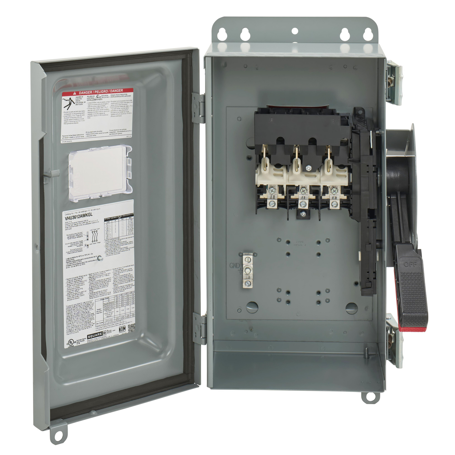 VHU3612AWKGL Heavy Duty Single Throw Safety Switch, 600 V AC, 30 A, 10 hp at 600 V AC 1-Phase, 30 hp at 600 V AC 3-Phase, 15 hp at 600 VDC, 3 Poles