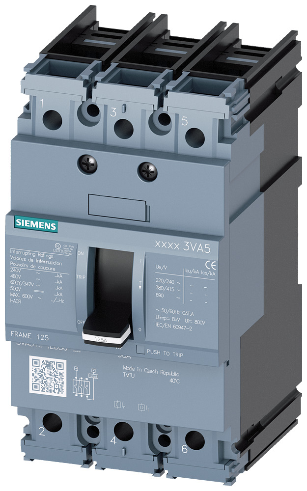 3VA5170-4ED36-0AA0 Sentron Low Voltage Molded Case Circuit Breaker, 600 V AC/500 V DC, 70 A, 14 kA at 600 Y/347 V, 25 kA at 480 V, 65 kA at 240 V Interrupt, 3 Poles, Thermal Magnetic Trip