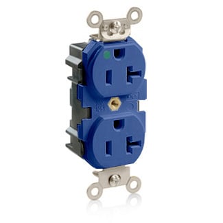 MT830-B Lev-Lok Duplex Heavy Duty Self-Grounding Tamper Resistant Straight Blade Receptacle, 125 V AC, 20 A, 2 Poles, 3 Wires, Blue