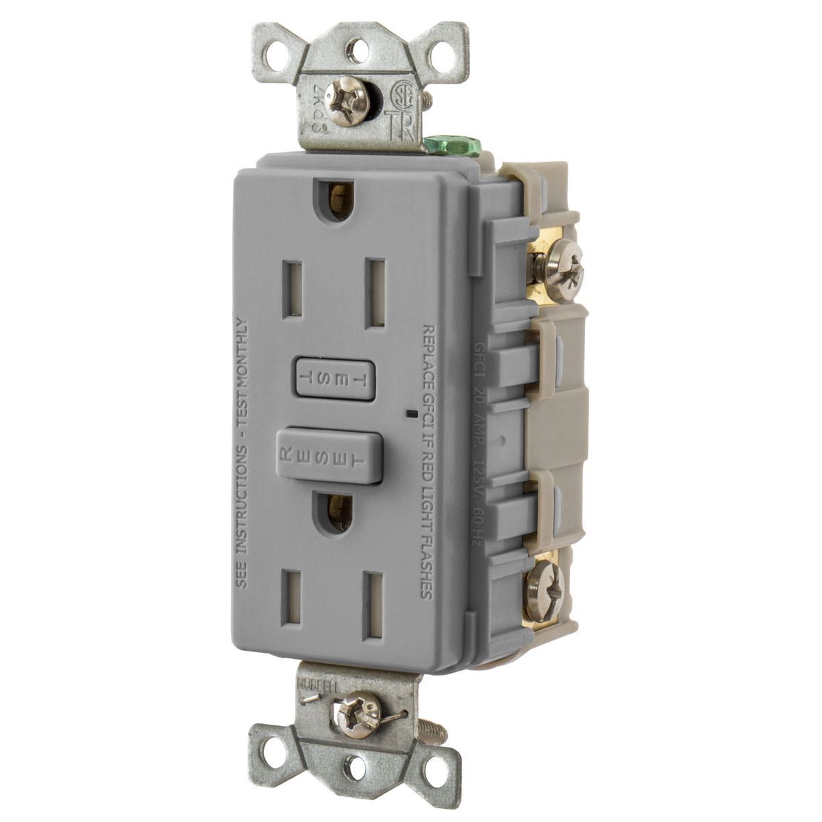 GFT15GY 1-Phase Tamper Resistant Screw Mount GFCI Receptacle, 125 VAC, 15 A, 2 Poles, 3 Wires, Gray