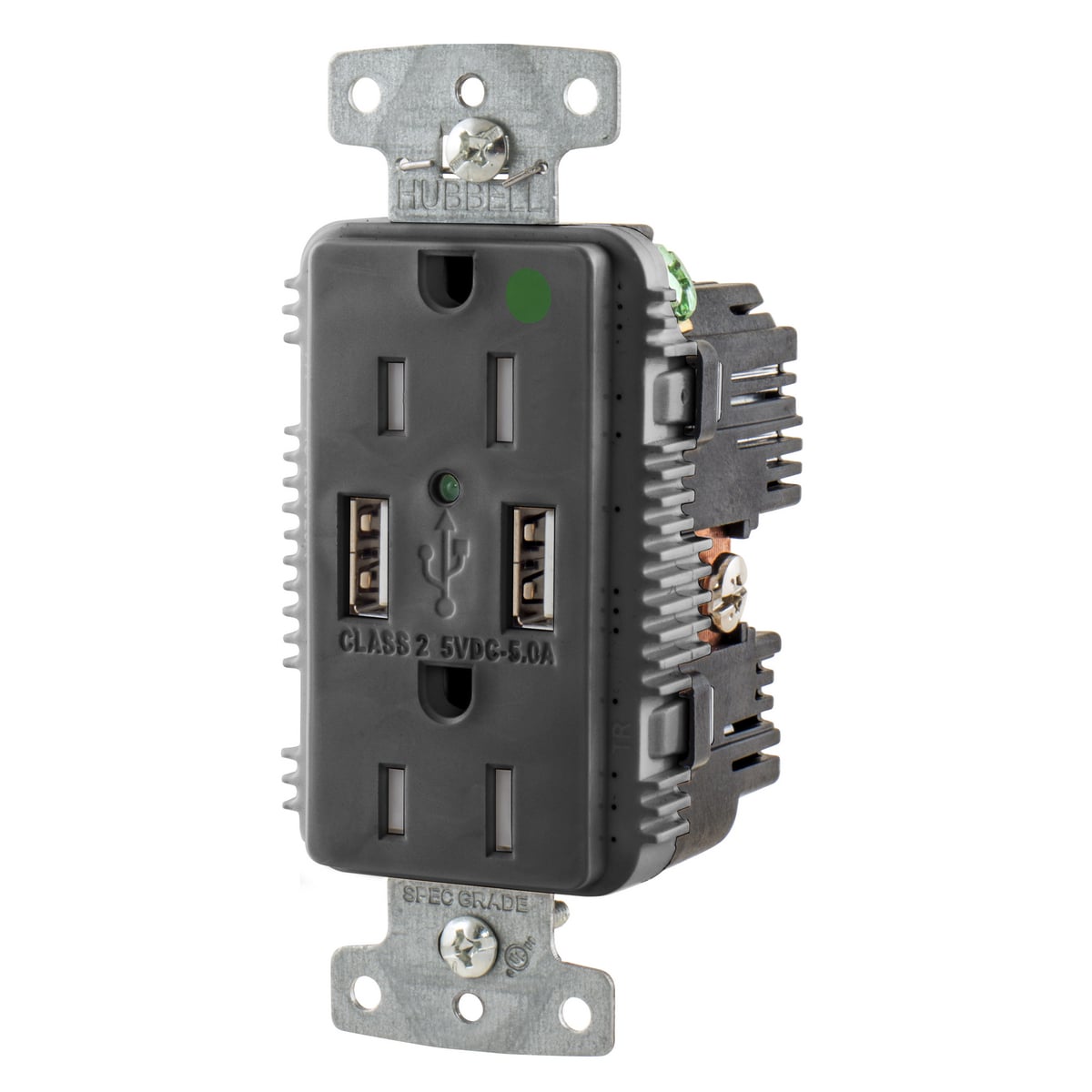 USB8200A5BK Duplex Grounding Tamper-Resistant Standard USB Charger Receptacle With Green LED, 125 V AC, 15 A, 0.5 hp, 2500 W, 1 Phase, 2 Poles, 3 Wires, Black