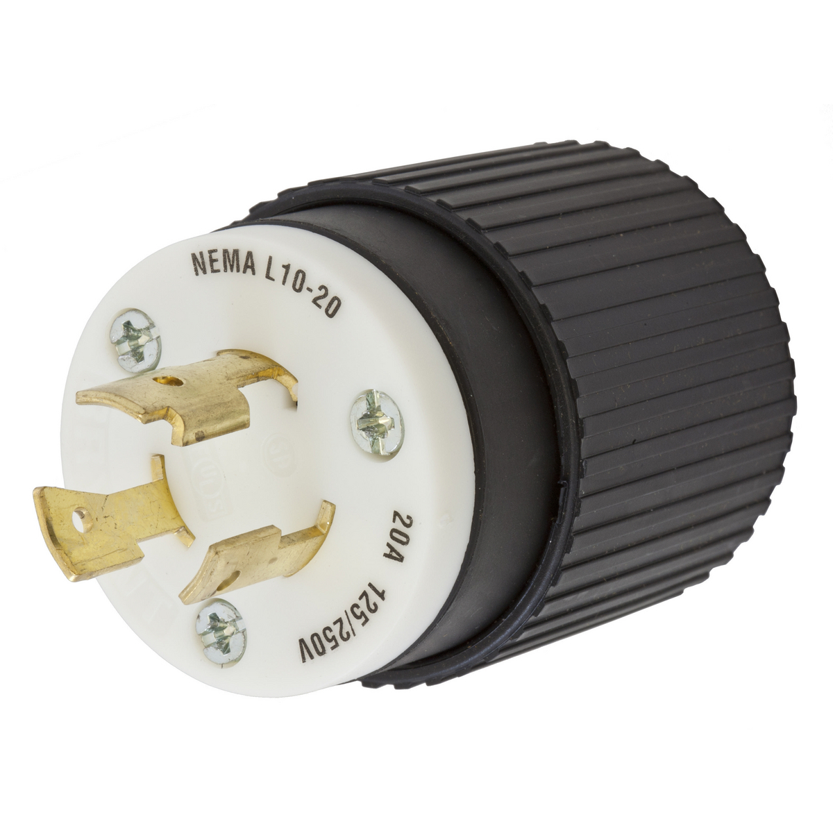 HBL2361 1-Phase Non-Grounding Standard Cord Mount Locking Plug, 125/250 V AC, 20 A, 3 Poles, 3 Wires, Black/White