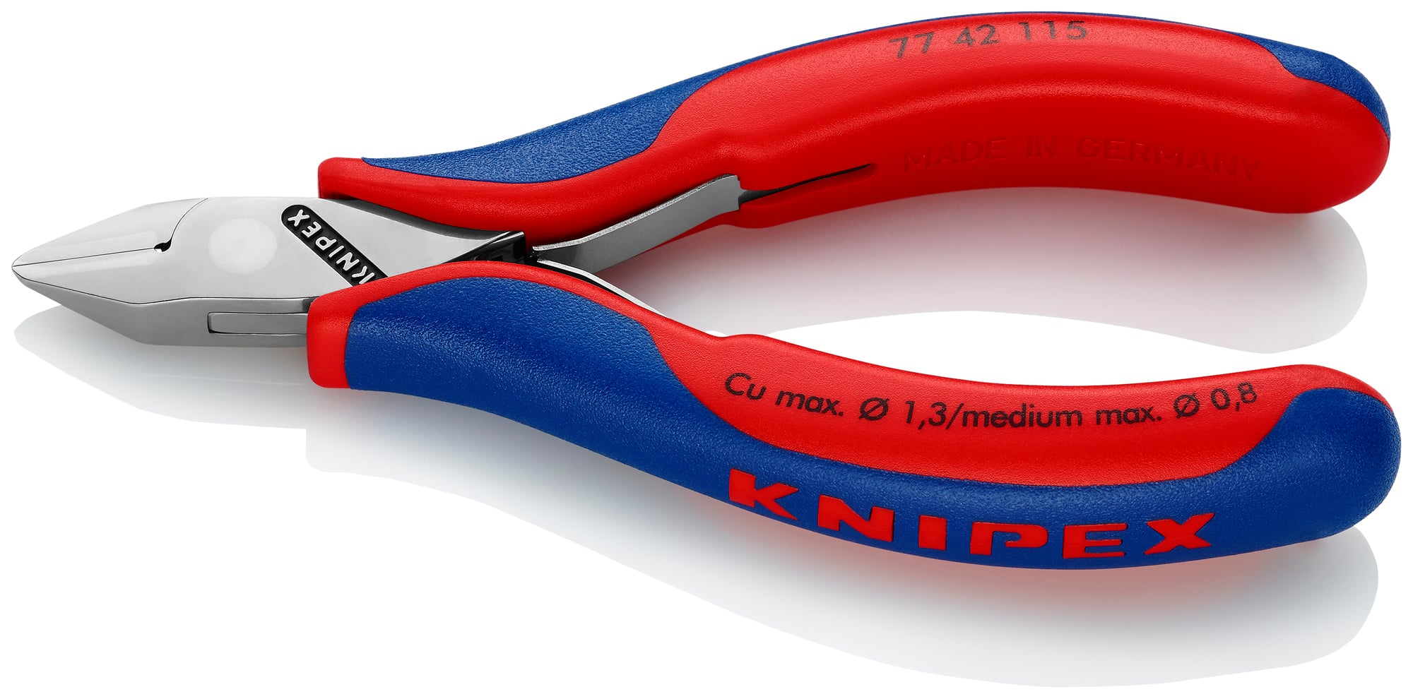 Electronics Diagonal Cutters, 4 1/2 in., Multi-component, Polished, Flush Cut, Tapered Head, Up to 1/32 in. Medium Wire