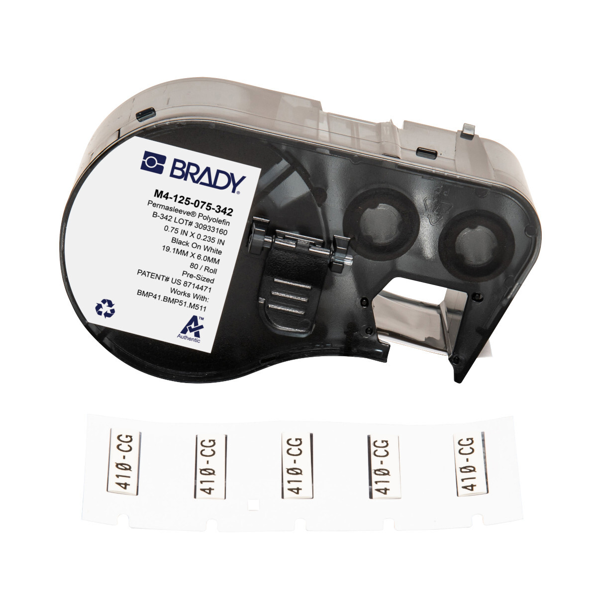 M4-125-075-342 Heat Shrink Wire and Component Label, 19.05 mm W, Black on White, B-342 Polyolefin