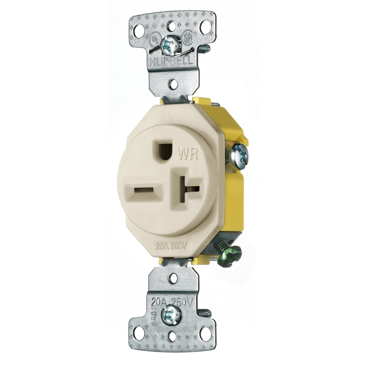 RR205LAWR 1-Phase Single Standard Self Grounding Weather-Resistant Straight Blade Receptacle, 250 V AC, 20 A, 2 Poles, 3 Wires, Light Almond