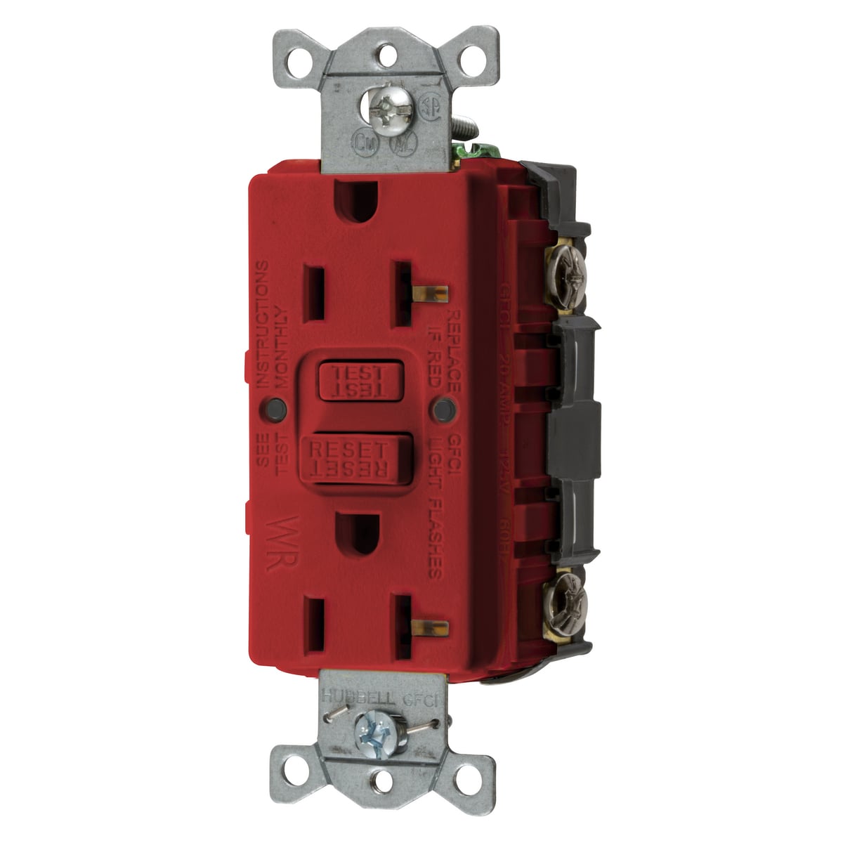 GFWRST20R 1-Phase Decorator Duplex Heavy Duty Standard Self-Test Weather Resistant Screw Mount GFCI Receptacle, 125 VAC, 20 A, 2 Poles, 3 Wires, Red