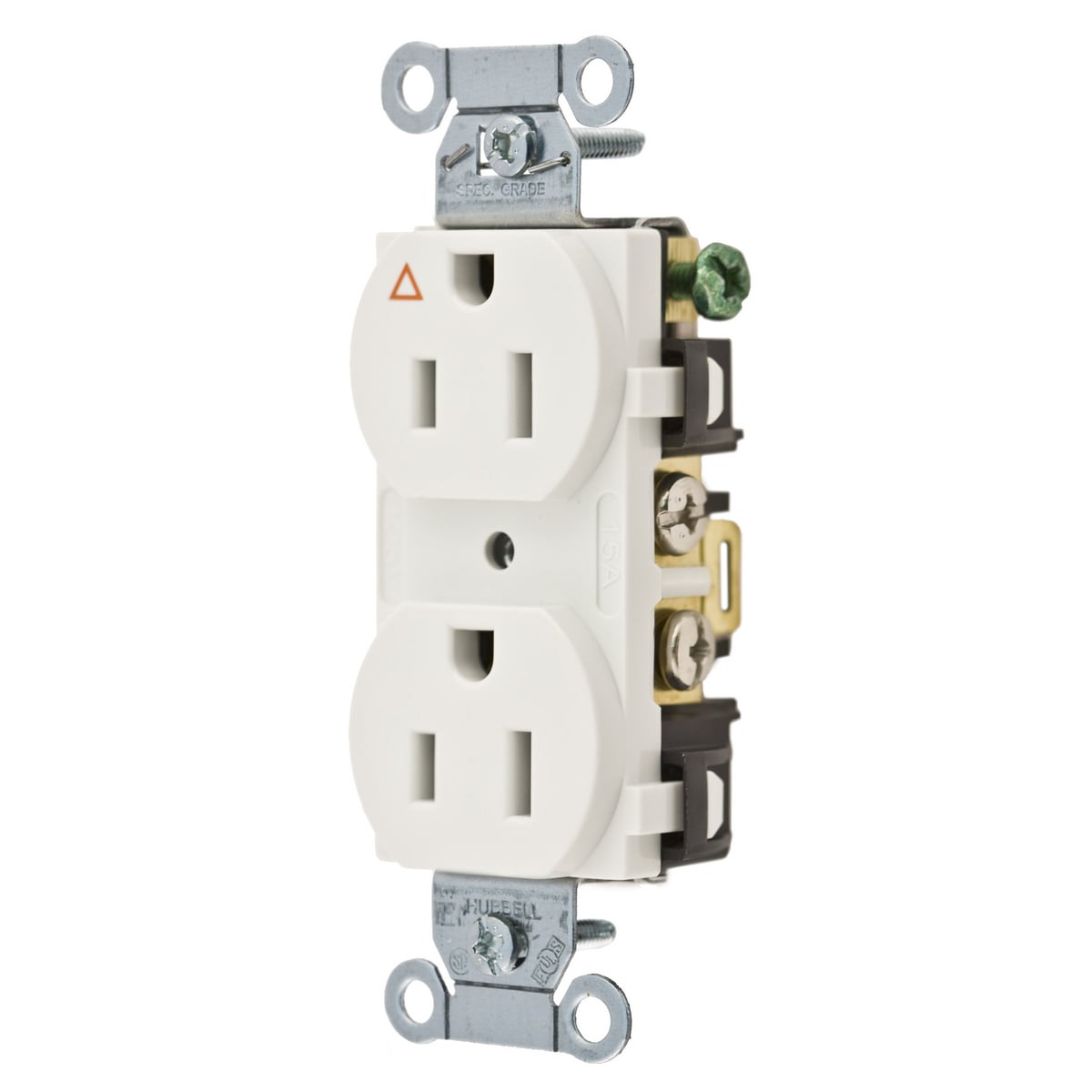IG15CRWHI 1-Phase Corrosion-Resistant Duplex Isolated Ground Standard Traditional Screw Mount Straight Blade Receptacle, 125 V AC, 15 A, 2 Poles, 3 Wires, White