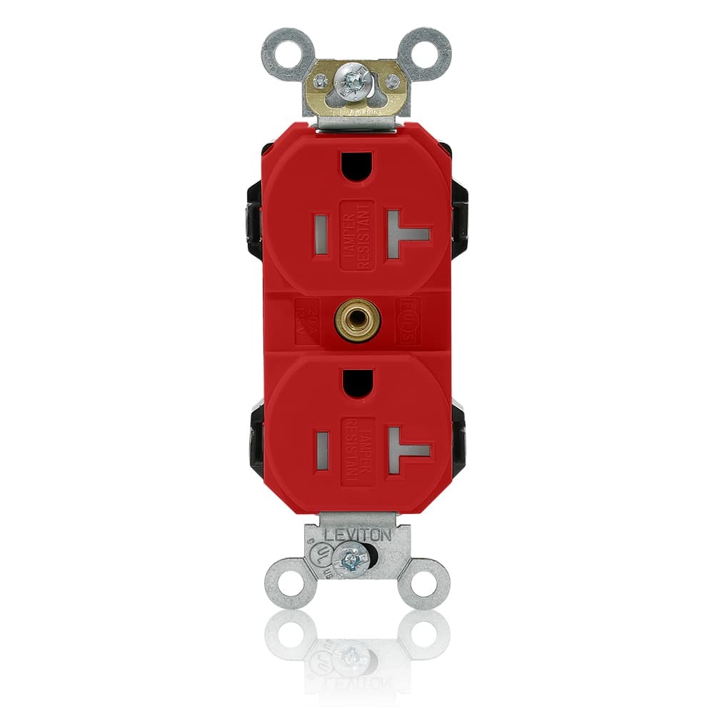 MT563-SR Lev-Lok 1-Phase Duplex Heavy Duty Self-Grounding Tamper Resistant Straight Blade Receptacle, 125 V AC, 20 A, 2 Poles, 3 Wires, Red