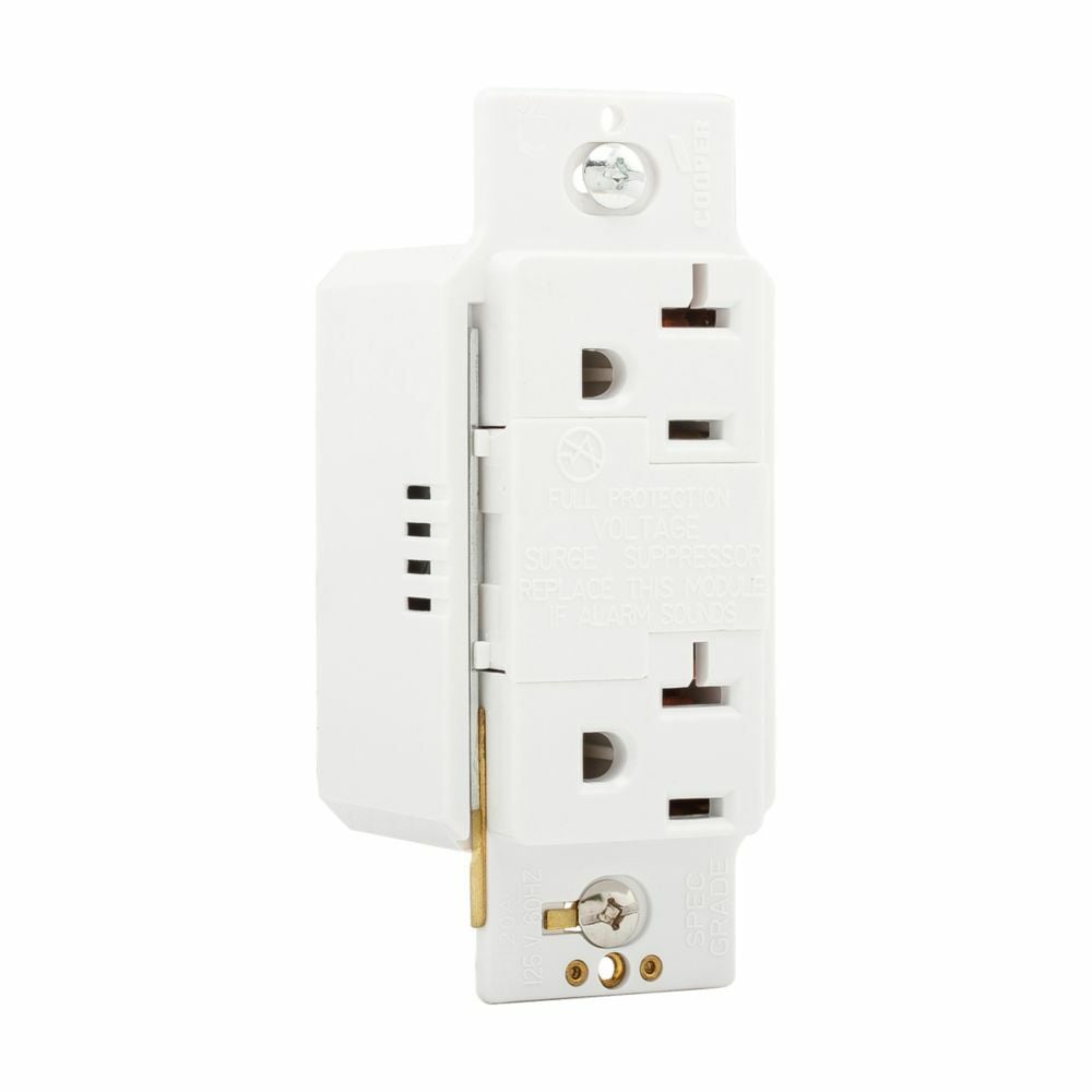 Eaton SurgeBloc protection receptacle, Audible alarm, auto-ground, Stand 6" #12 AWG leads, 20A, Comm, Wire leads, 340J, 2 recept, 0 to 40C, Wht, Brs, Strght blade, Polycarb, 5-20R, Dplx 570926 570926