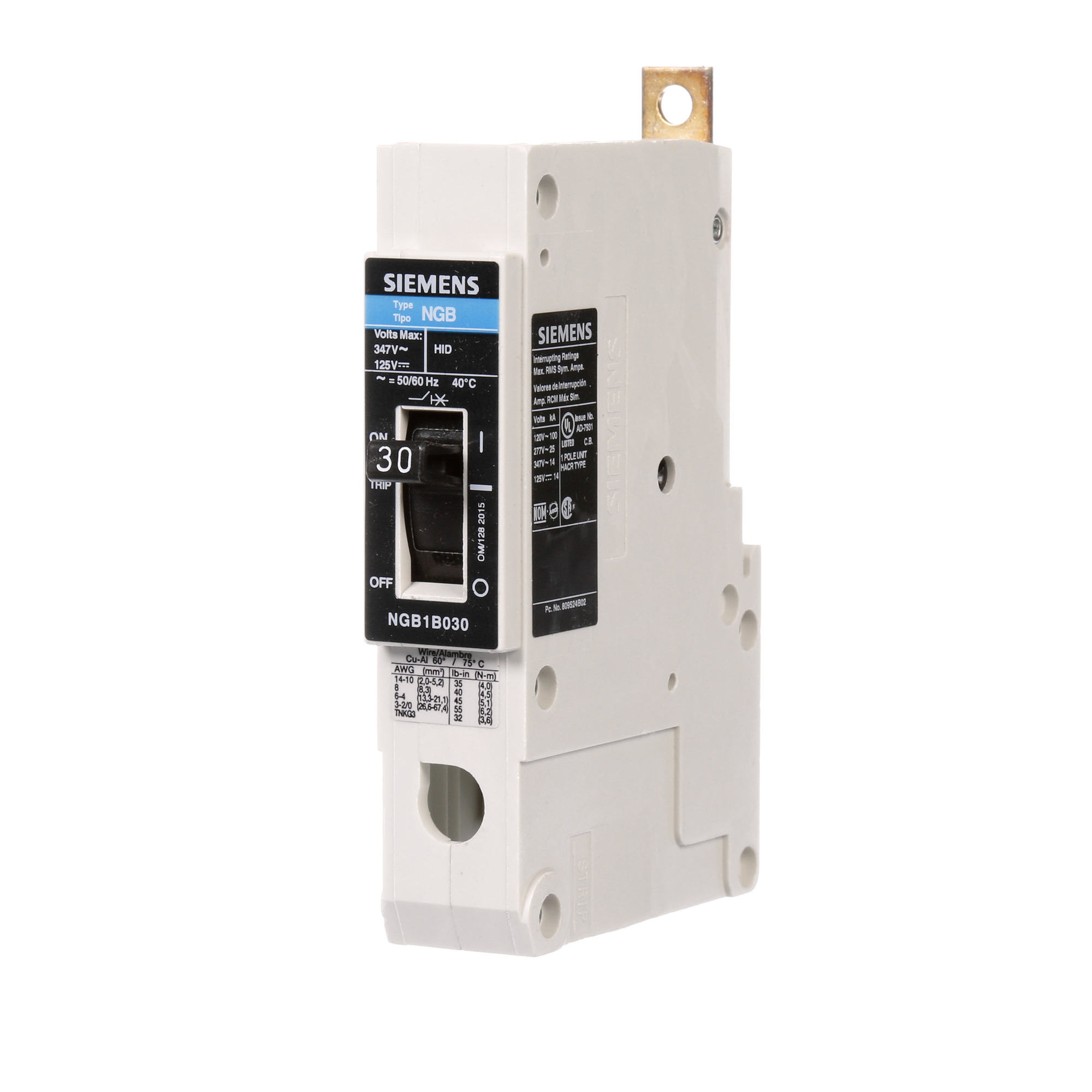 NGB1B030B Type NGB Molded Case Circuit Breaker, 347 V AC, 30 A, 14 kA Interrupt, 1 Poles, Thermal Magnetic Trip