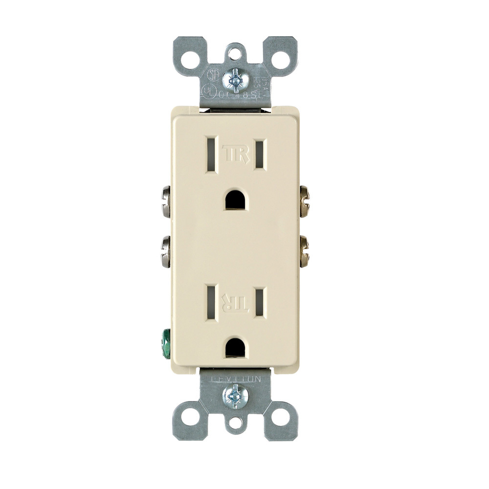 T5325-SI Duplex Self-Grounding Tamper-Resistant Straight Blade Receptacle, 125 V AC, 15 A, 2 Poles, 3 Wires, Ivory