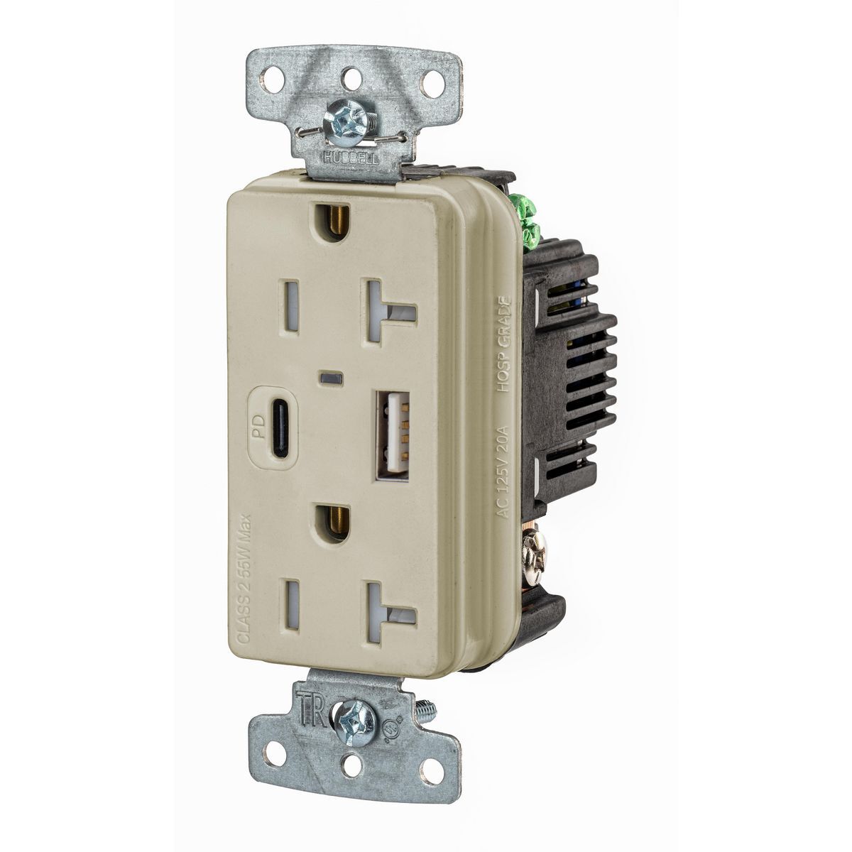 USB20ACPDI USB Charger Tamper Resistant USB, Electrical Ratings: 125 V AC, 20 A, 2 Poles, 3 Wires, Ivory
