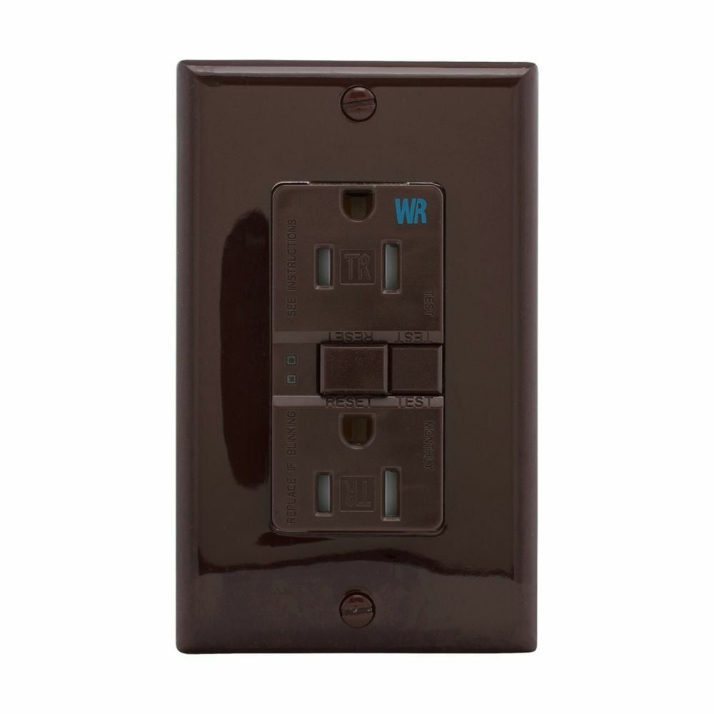 Eaton GFCI receptacle,Self-test,#14-10 AWG,15A,Residential,Commercial,Flush,125 V,Back and side wire,Brown,Brass,Tamper and weather resistant,Polycarbonate,5-15R,Two-pole,Three-wire,grounding
