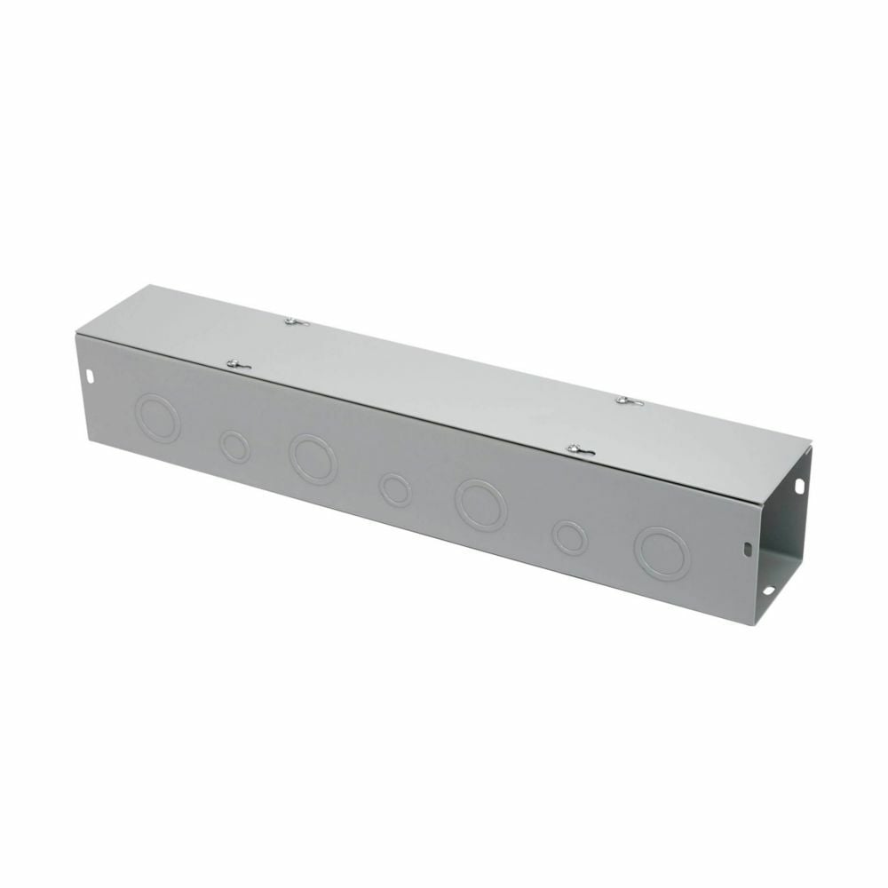 wireway, 6" height, 24" length, 6" width, G wireway, Thru holes, 7 top knockouts, 7 bottom knockouts, Screw cover, NEMA 1, Steel, Plated screws, ANSI 61 gray, 16 gauge