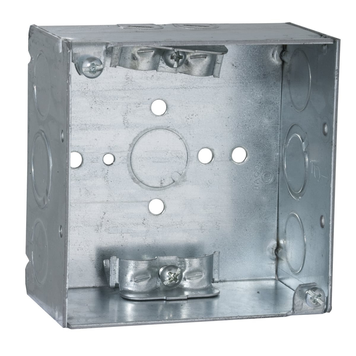 242 Square Box, Steel, 30.3 cu-in Capacity, (11) Knockouts, 4 in H x 4 in W x 2-1/8 in D