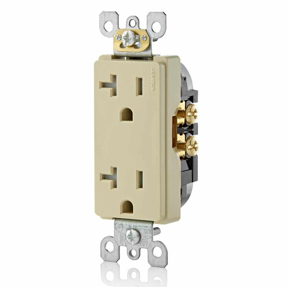 T5825-I Duplex Self-Grounding Tamper-Resistant Straight Blade Receptacle, 125 V AC, 20 A, 2 Poles, 3 Wires, Ivory