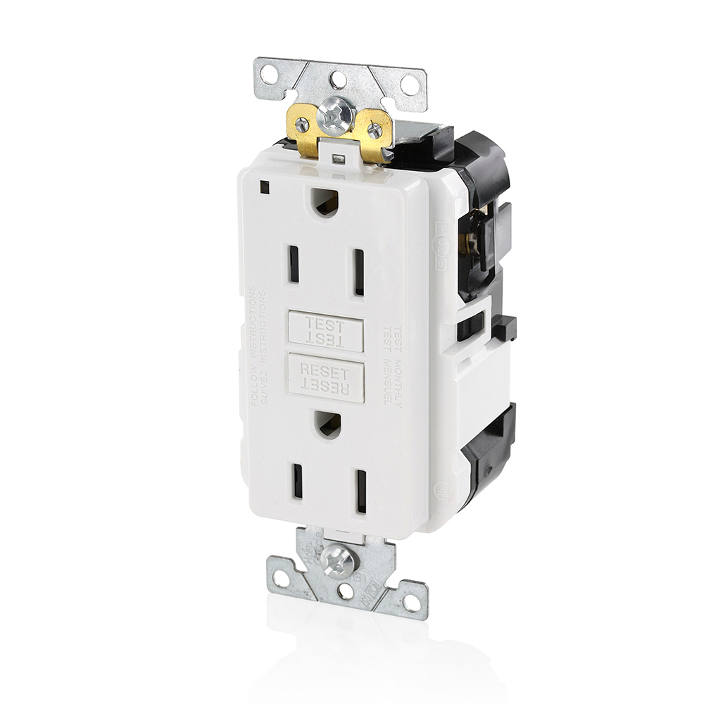 Lev-Lok SmartlockPro Slim MGFN1-W Duplex Feed Through Self-Test Slim GFCI Receptacle, 125 V AC, 15 A, 2 Poles, 3 Wires, White