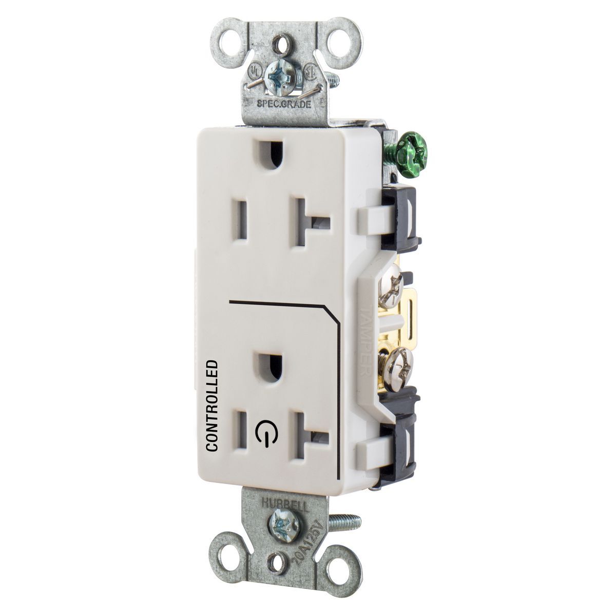 DR20C1WHITR Decorator Duplex Tamper-Resistant Straight Blade Receptacle, 125 V AC, 20 A, 2 Poles, 3 Wires, White