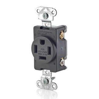 8410 Single Grounding Straight Blade Receptacle, 125/250 V AC, 20 A, 3 Poles, 4 Wires, Black