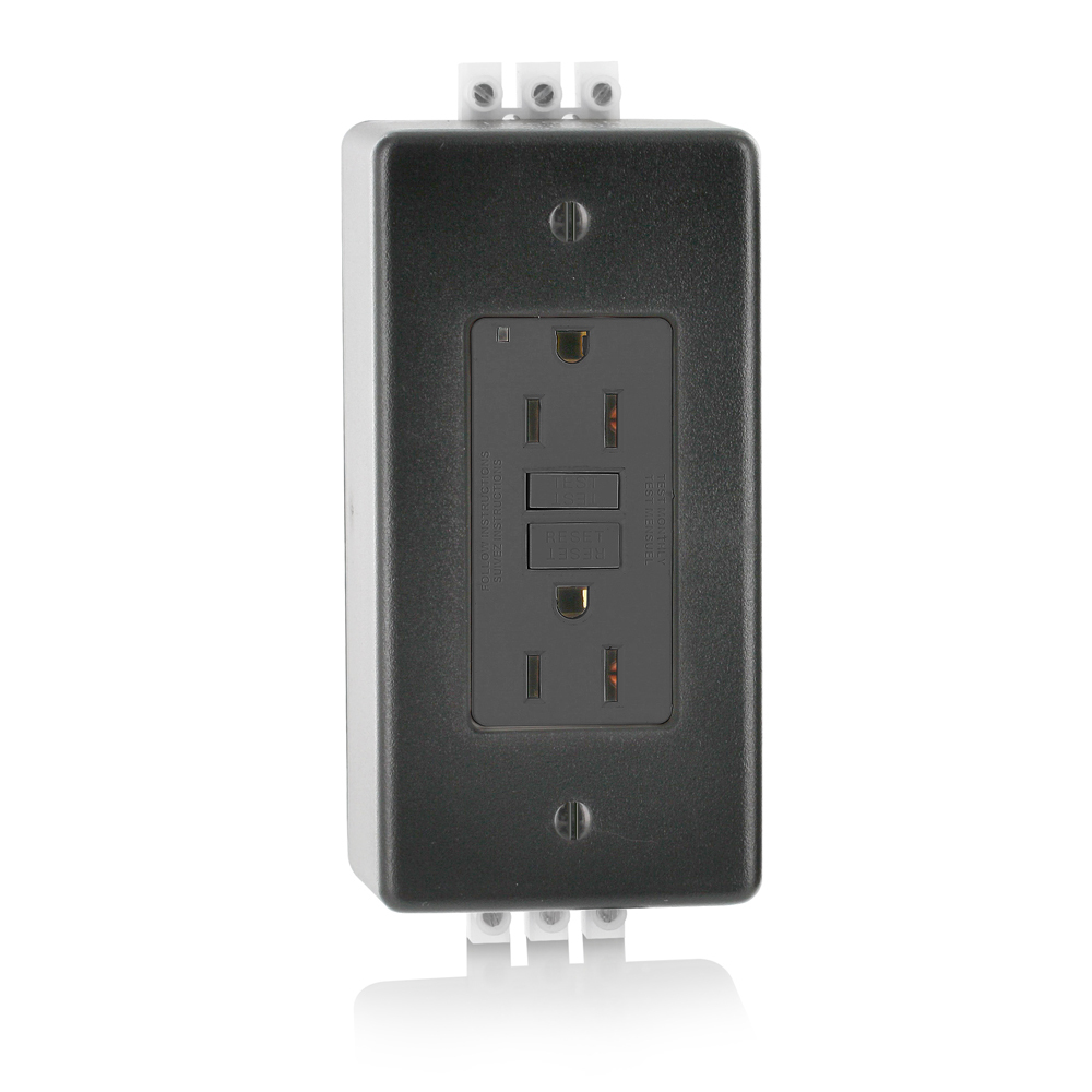 GFNT1-DIN DIN Rail Self-Test GFCI Receptacle With Green LED Power Indicator Light, 120 V AC, 15 A, 2 Poles, 3 Wires, Black