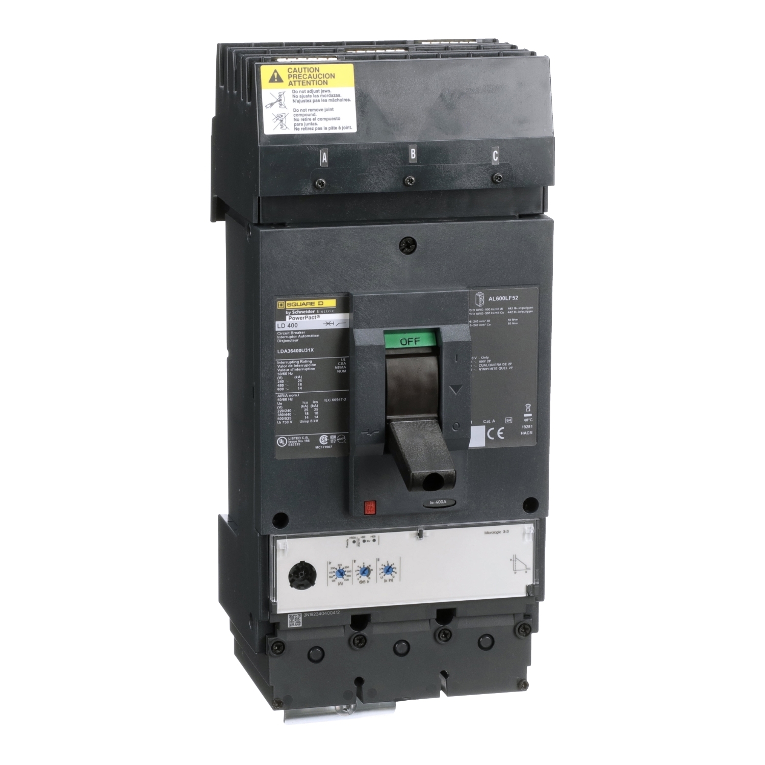 LDA36400U31X I-Line PowerPact Molded Case Circuit Breaker With Micrologic Trip Unit, 600 V AC, 400 A, 14/18/25 kA Interrupt, 3 Poles, Electronic Trip