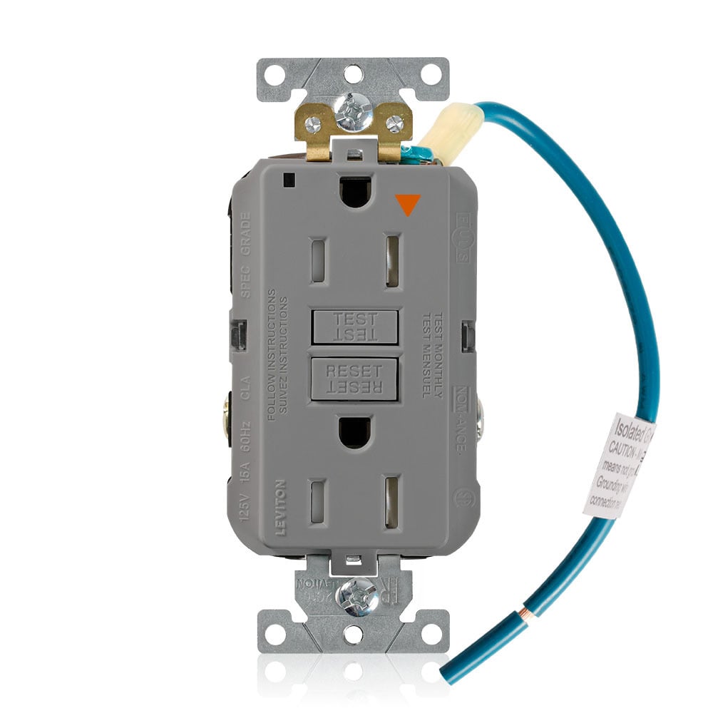 GFTR1-IGG Isolated Ground Self-Test Tamper Resistant GFCI Receptacle With Gray Test, Reset Button, 125 V AC, 15 A, 2 Poles, 3 Wires, Gray