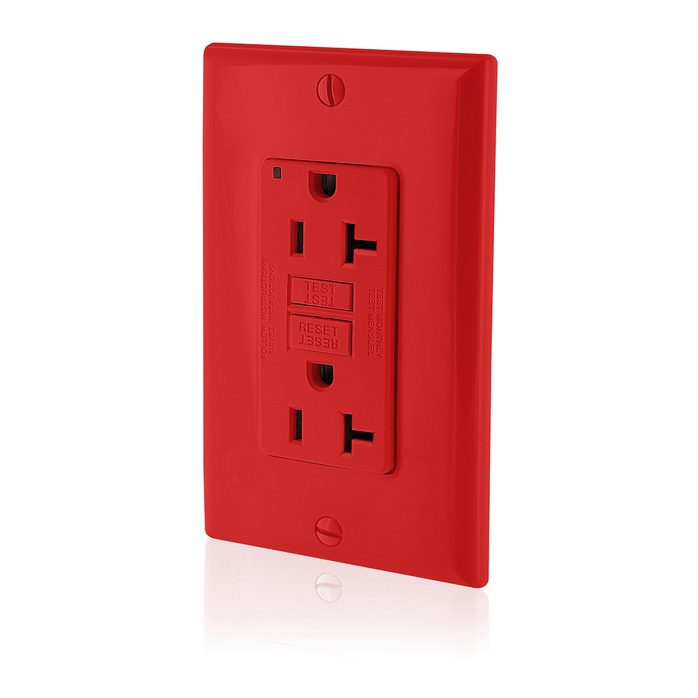 GFNT2-R SmartlockPro Slim Feed Through Non-Tamper Resistant Self-Test Standard Duplex GFCI Receptacle With LED Indicator, 125 V AC, 20 A, 2 Poles, 3 Wires, Red