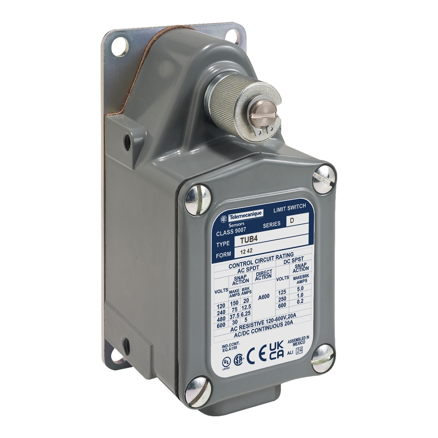 9007TUB10 Severe Duty Mill Limit Switch, 600 V AC, 12 A, Lever Actuator, 1CO 1 Form Z SPDT-DB Contact, 1 Poles