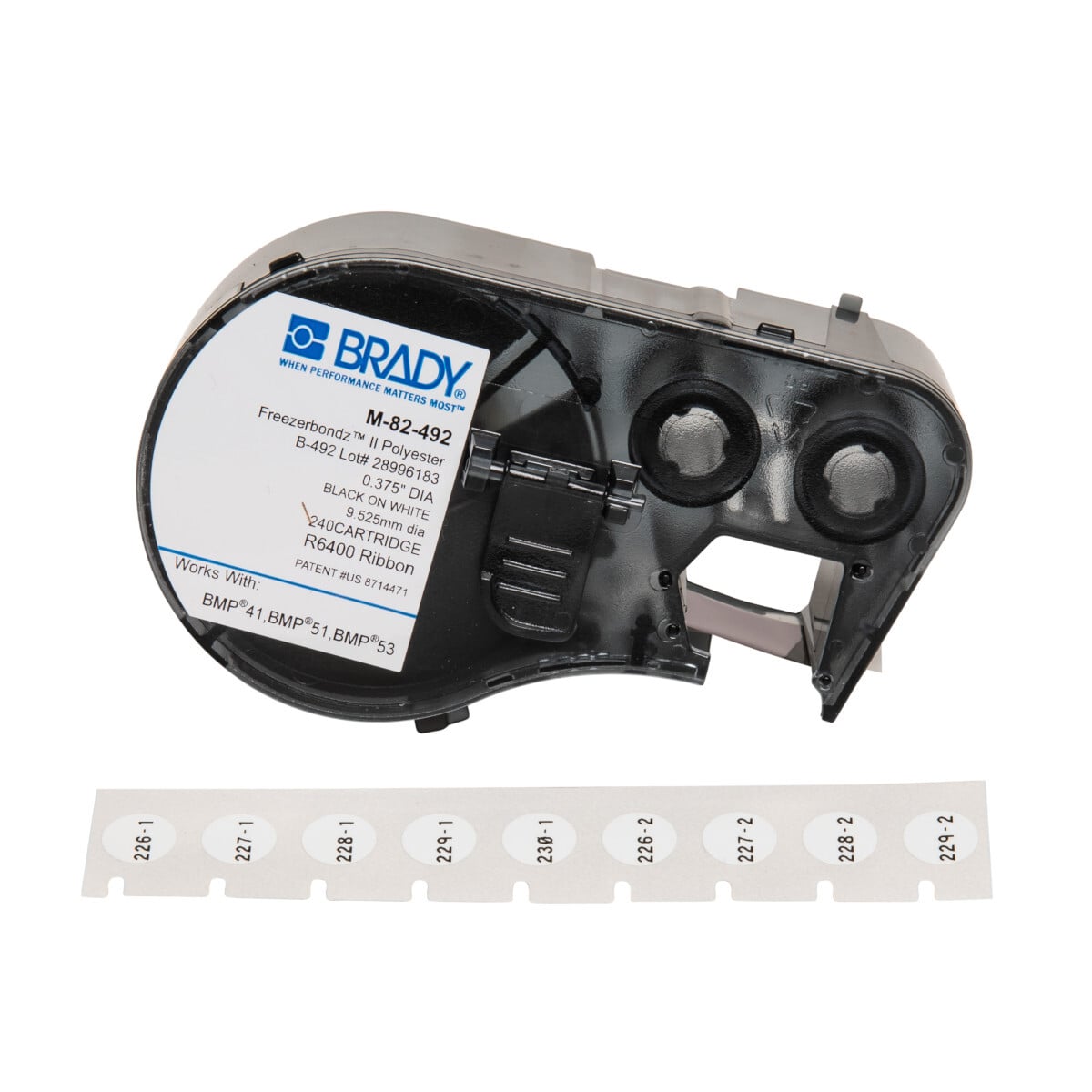 M-82-492 M Series Square Cartridge Label, 3/8 in L x 3/8 in W, For Use With BMP 51 and BMP 53 Label Maker, B-492 Polyester, Black on White