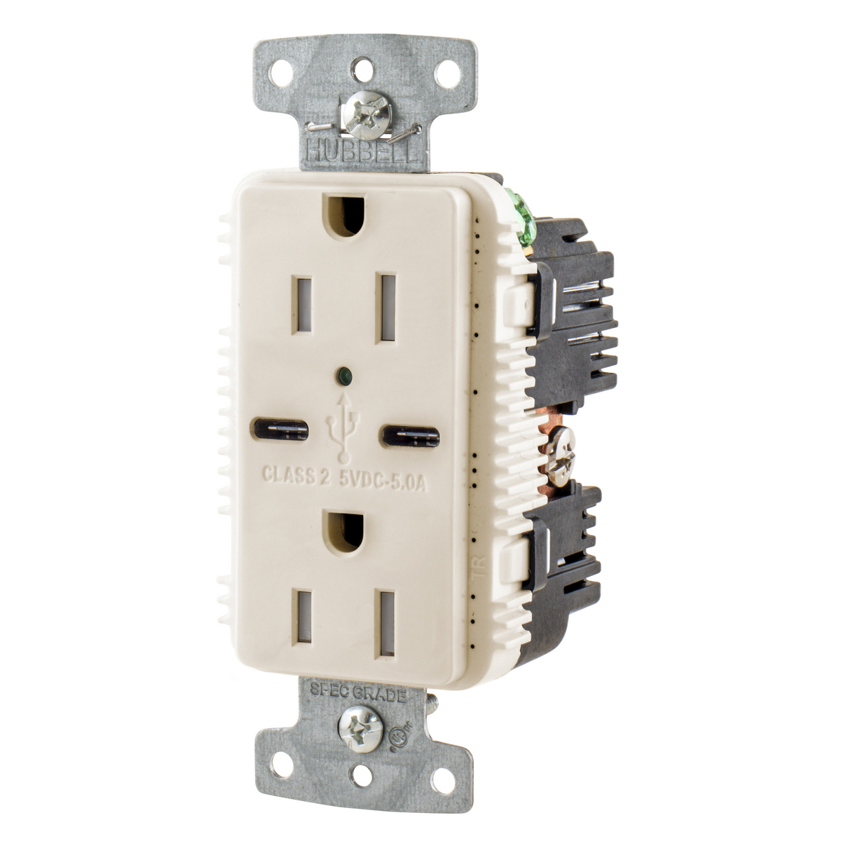 USB15C5LA Duplex Grounding Heavy Duty Tamper-Resistant Standard USB Charger Receptacle With Green LED, 15 A, 125 V DC, 1875 W, 1 Phase, 2 Poles, 3 Wires, Light Almond