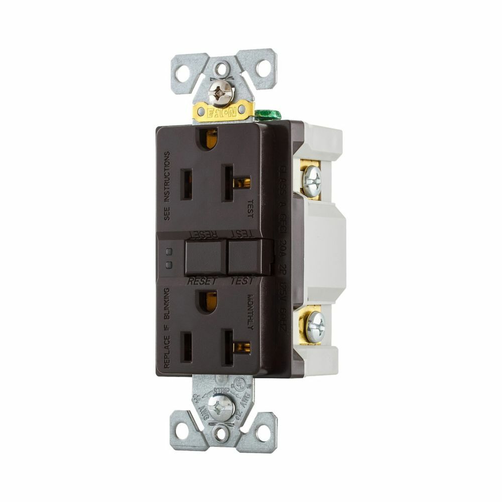 Eaton GFCI receptacle,Self-test,#14 - 10 AWG,20A,Residential,Commercial,Flush,125 V,GFCI,Back and side wire,Brown,Brass,Receptacle,Polycarbonate,5-20R,Two-pole, three-wire, grounding