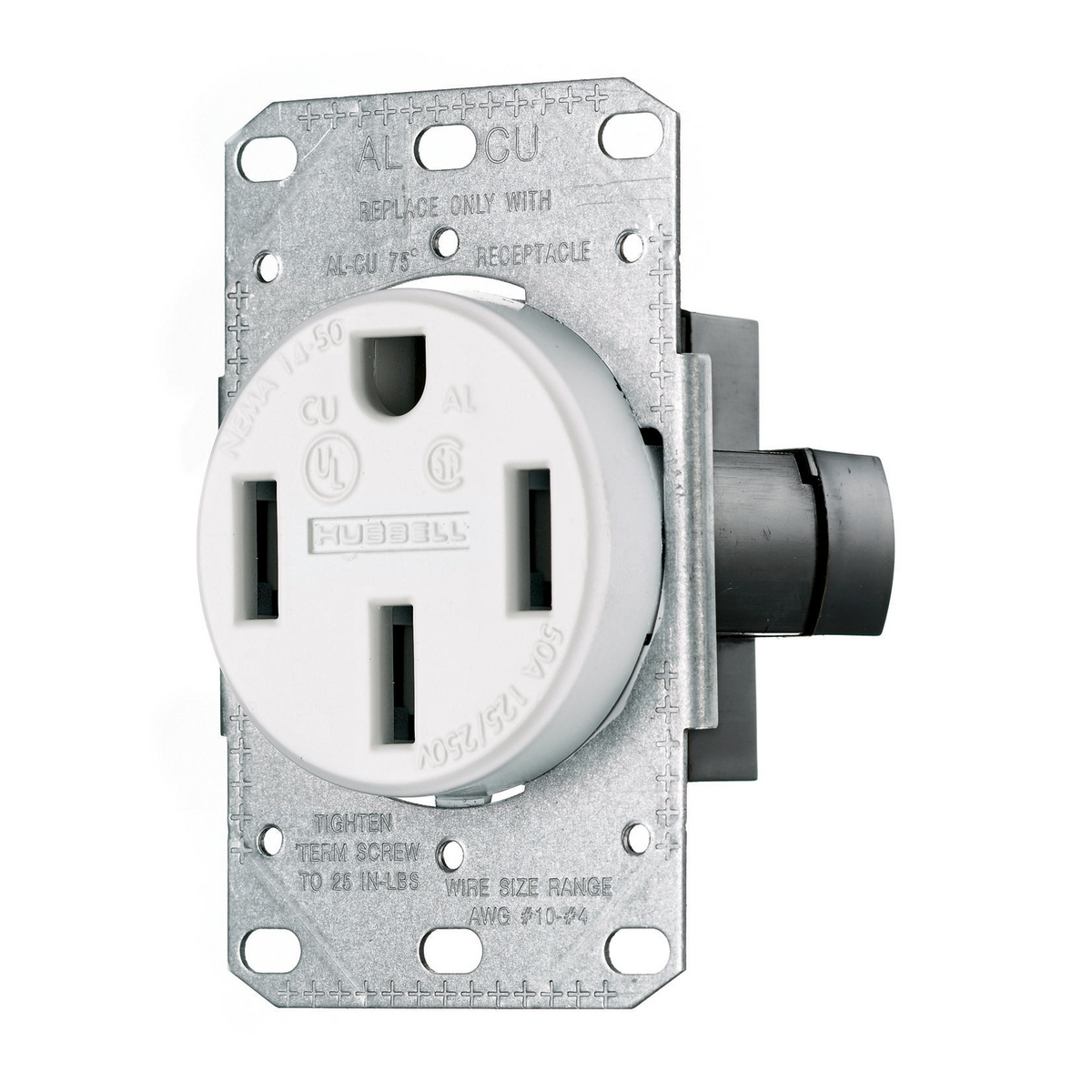 RR450FW 1-Phase Flush Mounted Single Standard Screw Mount Straight Blade Power Receptacle, 125/250 V AC, 50 A, 3 Poles, 4 Wires, Black