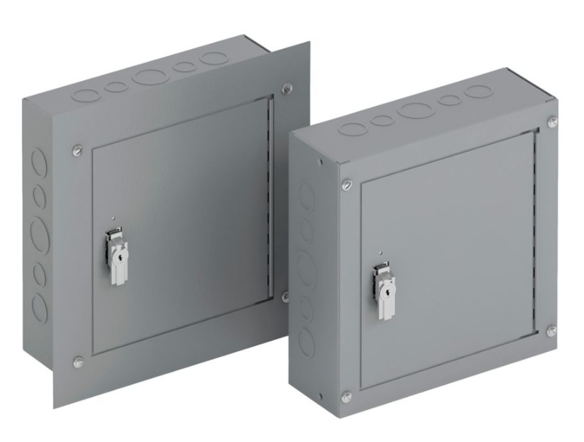 utility enclosures, 30" height, 6" length, 24" width, NEMA 1, Hinged cover, TCS cabinet, Surface mounted, Medium single door, Thru holes, Carbon steel