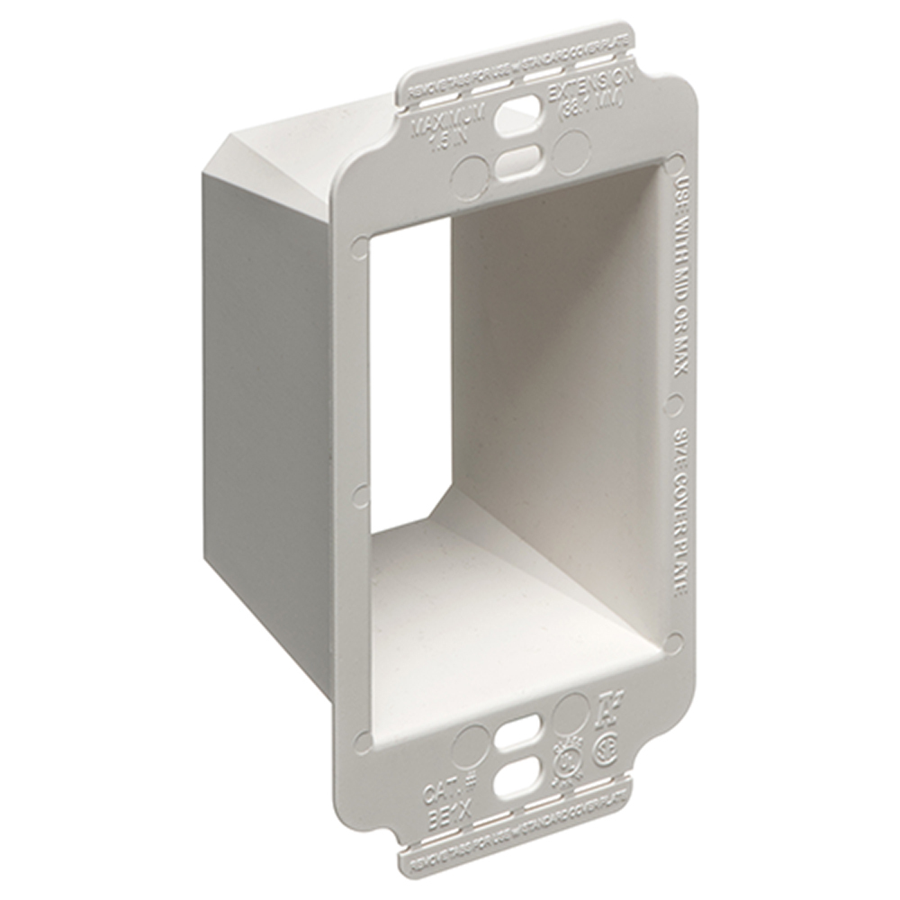 BE1X Box Extender With Larger Flange, 1 Gang, 4.628 in L x 2.325 in W x 1.813 in D, Plastic