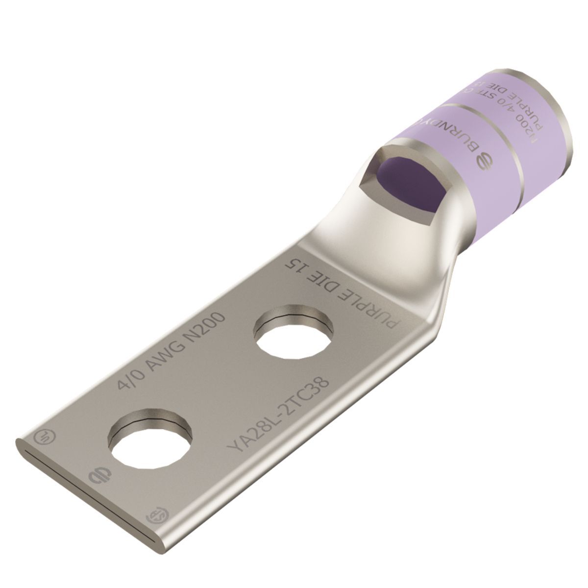 YA282LN YA-2LN 2-Hole Compression Lug With Inspection Window, 4/0 AWG Stranded Copper Conductor, Die Code: 15, 1/2 in Stud, Copper