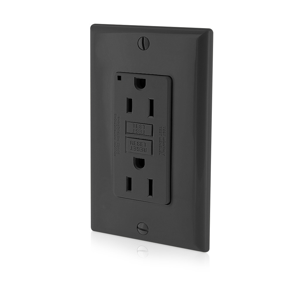 GFNT1-E SmartlockPro Slim Feed Through Monochromatic Non-Tamper Resistant Self-Test Standard Duplex GFCI Receptacle With LED Indicator, 125 V AC, 15 A, 2 Poles, 3 Wires, Black