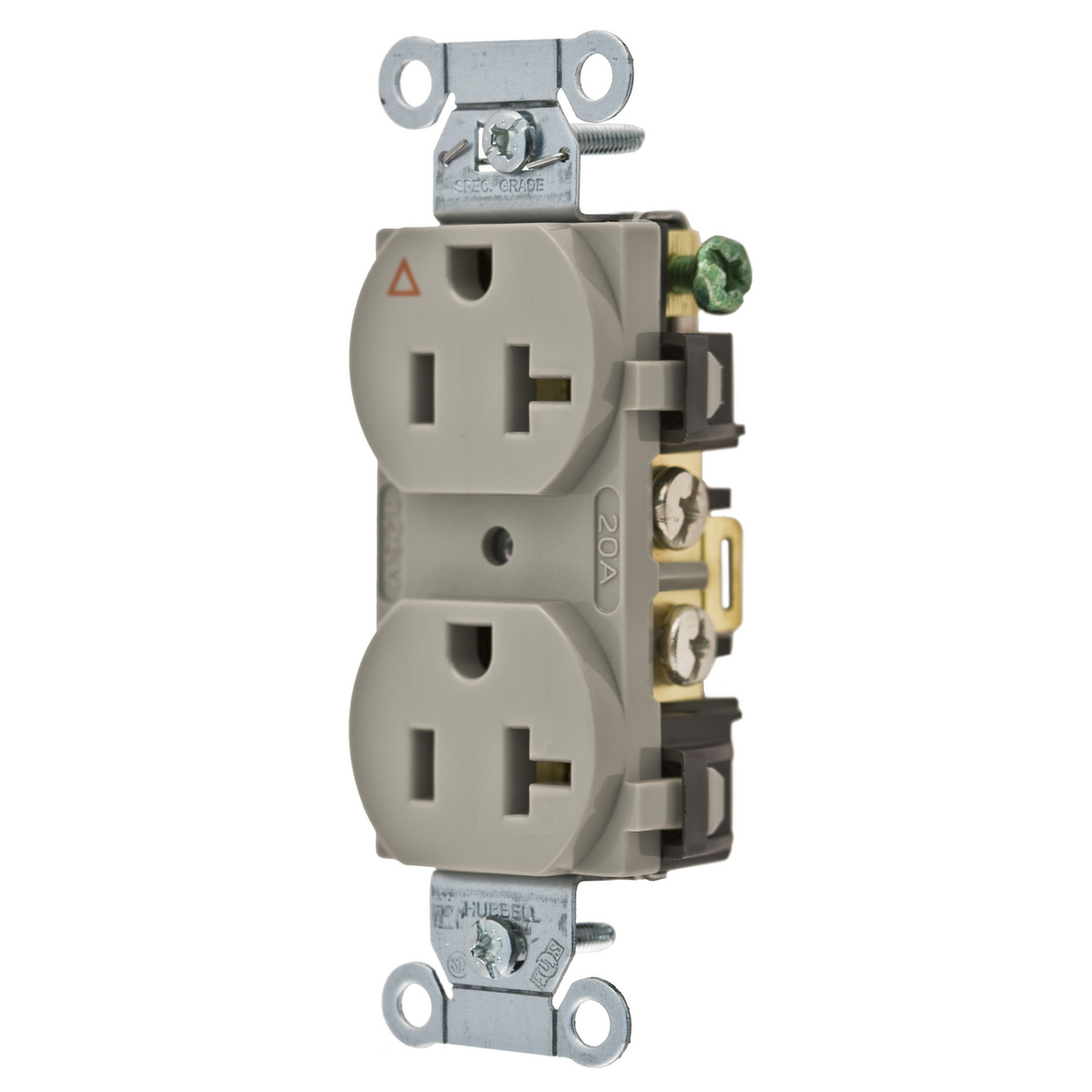 IG20CRGRY 1-Phase Corrosion-Resistant Duplex Isolated Ground Standard Traditional Screw Mount Straight Blade Receptacle, 125 V AC, 20 A, 2 Poles, 3 Wires, Gray
