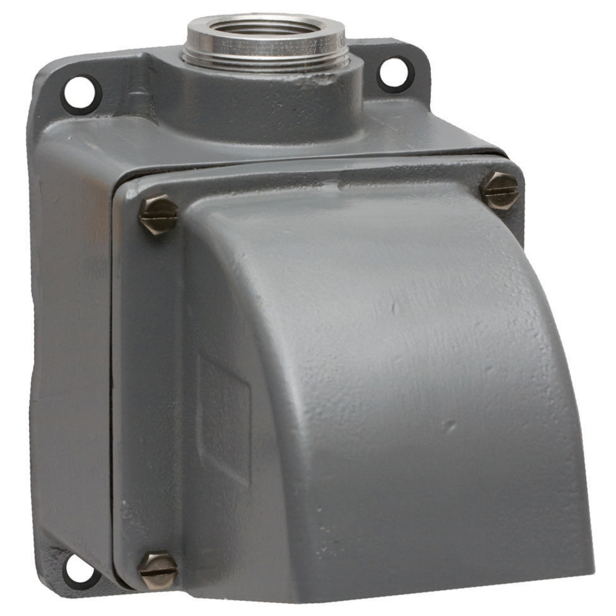 MB601004W 1-Outlet, 4-Way 15 deg Angled Industrial Grade Standard Back Box With 2 in NPT Hub Knockout, 8 in H x 6.14 in W x 8.6 in D, For Use With 60 and 100 A 2 in NPT Pin and Sleeve Devices, Cast Aluminum