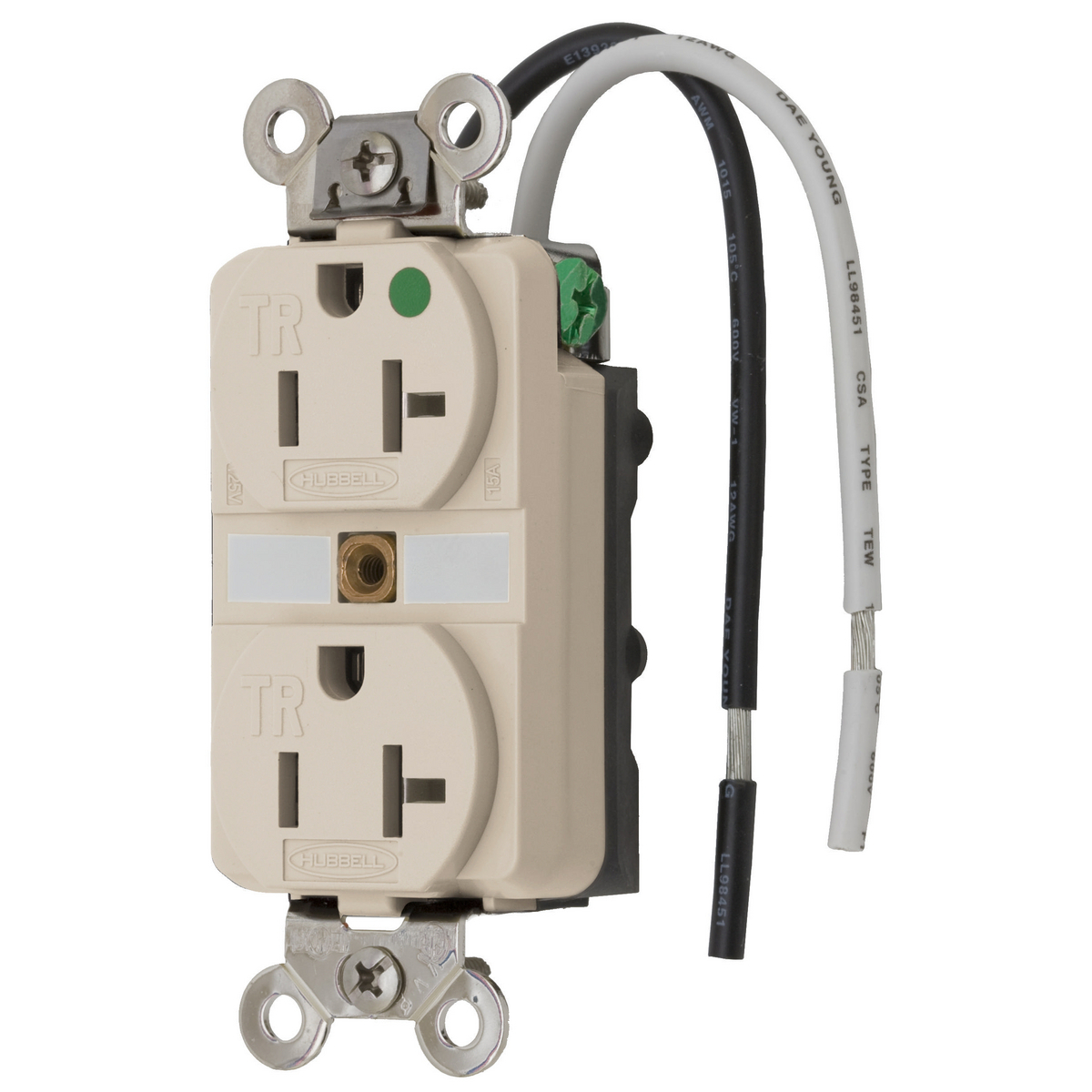 HBL8300SGLA 1-Phase Duplex Extra Heavy Duty Grounding Standard Tamper-Resistant Traditional Screw Mount Straight Blade Receptacle, 125 VAC, 20 A, 2 Poles, 3 Wires, Light Almond