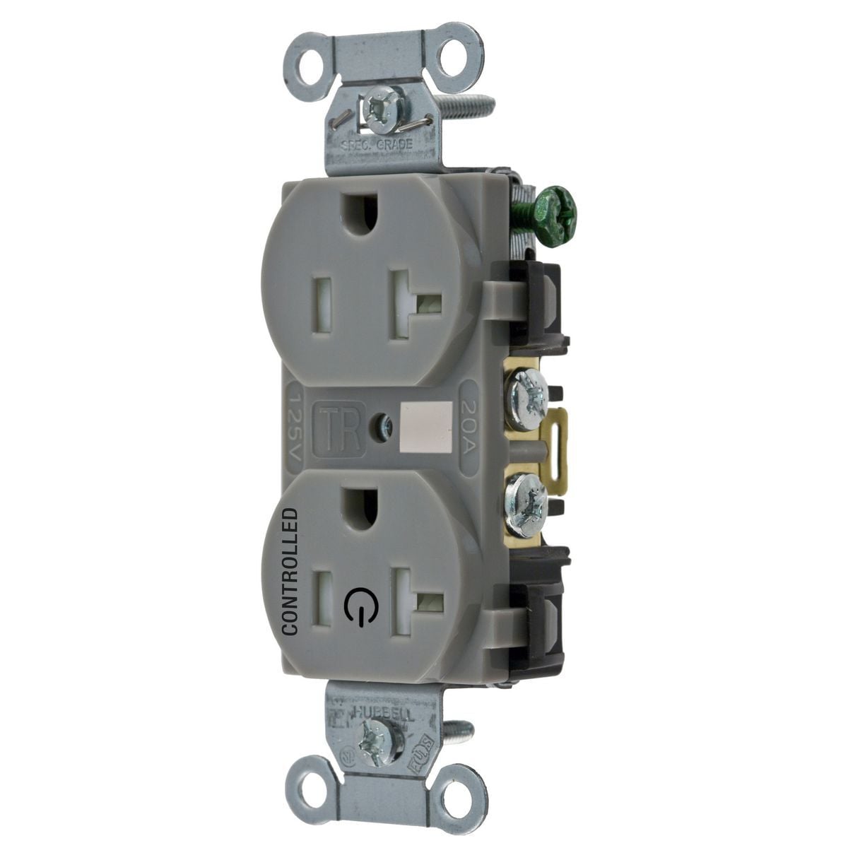 BR20C1GRYTR 1-Controlled Face Duplex Tamper-Resistant Straight Blade Receptacle, 125 V AC, 20 A, 2 Poles, 3 Wires, Gray