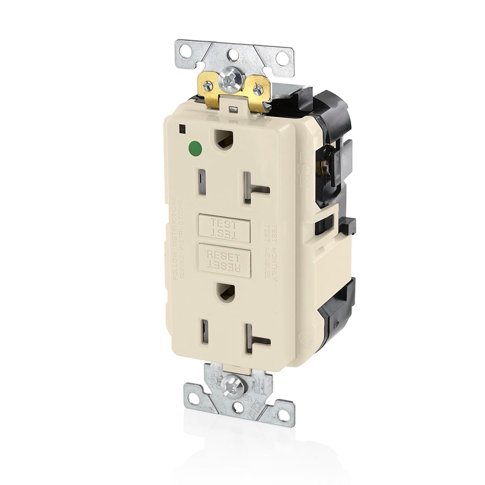 MGFT2-HGT SmartlockPro Slim Feed-Through Self-Test Tamper-Resistant GFCI Receptacle, 125 V AC, 20 A, 2 Poles, 3 Wires, Light Almond