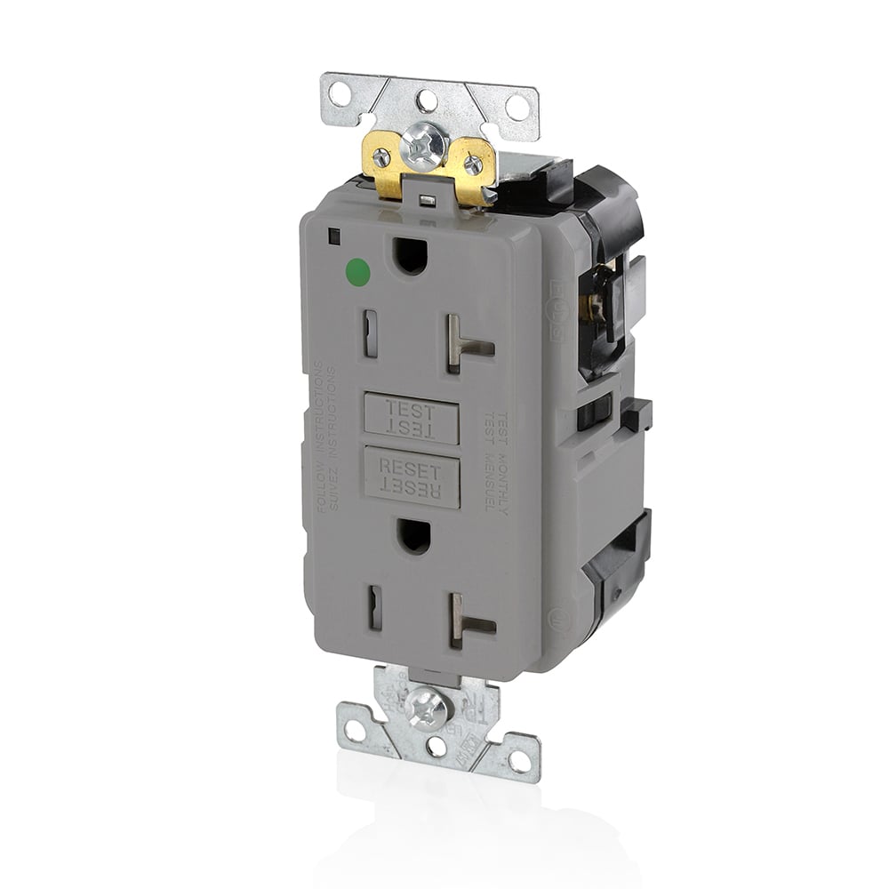 MGFT2-HGG SmartlockPro Slim Feed-Through Self-Test Tamper-Resistant GFCI Receptacle, 125 V AC, 20 A, 2 Poles, 3 Wires, Gray