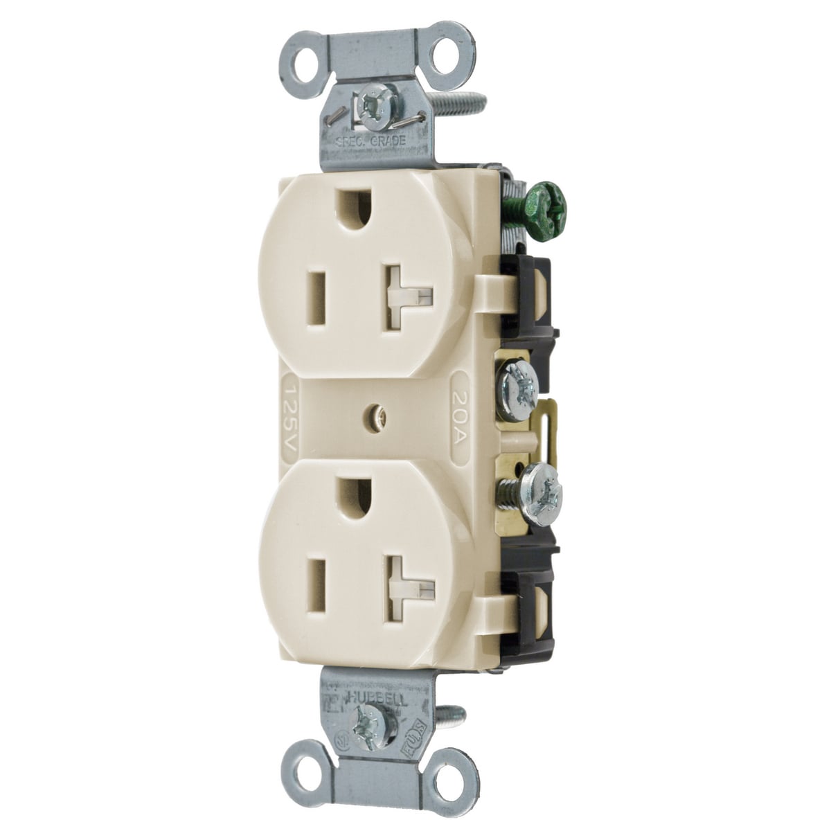 CR20ALTR 1-Phase Duplex Self-Grounding Standard Tamper-Resistant Traditional Straight Blade Receptacle, 125 VAC, 20 A, 2 Poles, 3 Wires, Almond