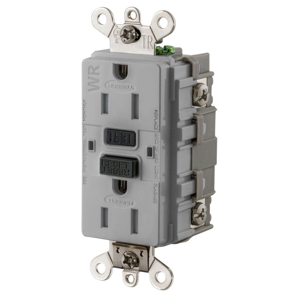 GF5262SGGY 1-Phase Duplex Decorator Straight Blade Standard Tamper/Weather Resistance Screw Mount GFCI Receptacle, 125 VAC, 15 A, 2 Poles, 3 Wires, Gray